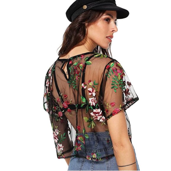 Black Floral Rose Embroidered Transparent Mesh Short Sleeve Crop Top - Picture 4 of 6